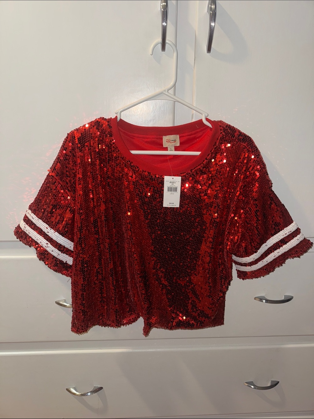 Buckle Red Sequin Short Sleeve Jersey with White Stripes